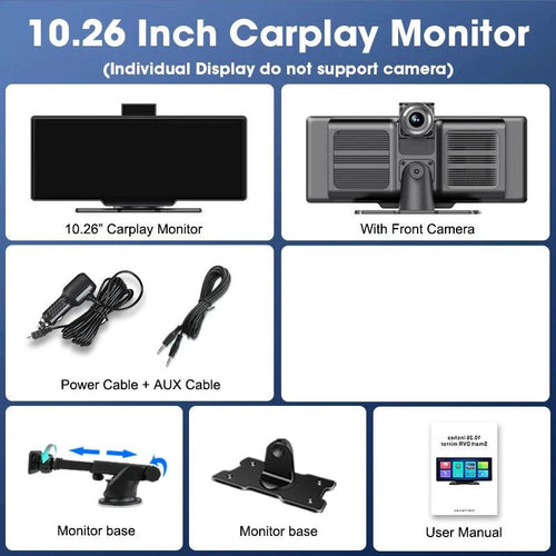 Mandotos 4K 10.26-inch mirror dash cam with CarPlay and Android Auto, showing front view with sleek display and camera lens.