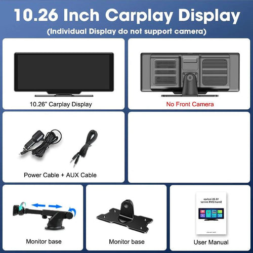 Mandotos 4K 10.26-inch mirror dash cam with CarPlay and Android Auto showing the display mounted on a car's windshield