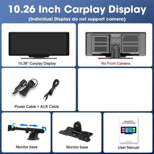Mandotos 4K 10.26-inch mirror dash cam with CarPlay and Android Auto showing the display mounted on a car's windshield