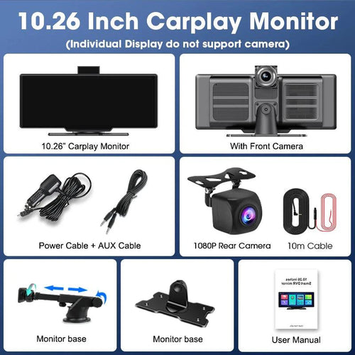 Mandotos 4K 10.26-inch mirror dash cam with CarPlay and Android Auto installed in a car interior.