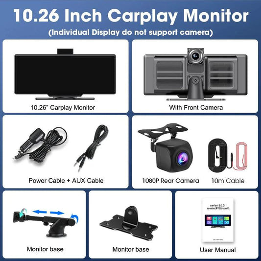 Mandotos 4K 10.26-inch mirror dash cam with CarPlay and Android Auto installed in a car interior.