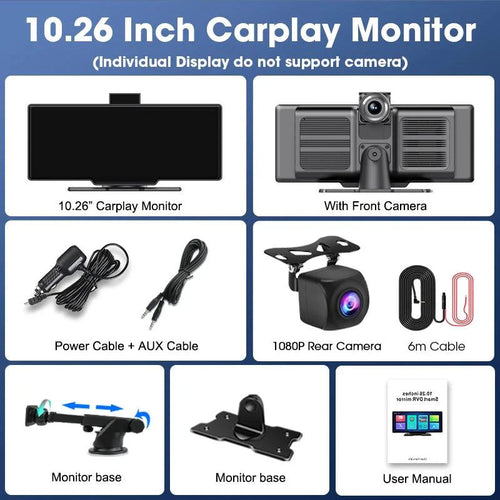Mandotos 4K 10.26-inch mirror dash cam with Carplay and Android Auto, showing the reflective screen with dashboard view