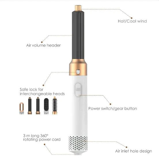 Mandotos 5-in-1 Hair Styler Brush with multiple attachments for styling, drying, and volumizing hair.