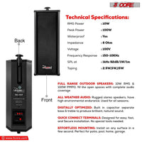 Mandotos 5Core 100W indoor/outdoor stereo speakers with black weather-resistant cabinets and adjustable mounting brackets.