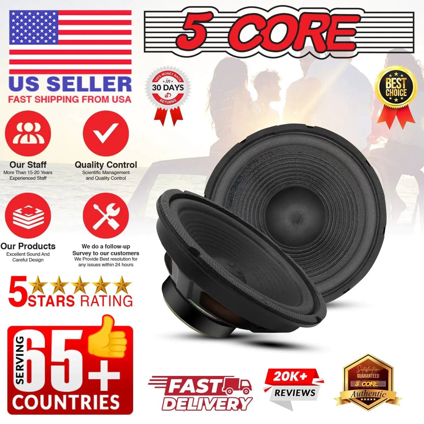 Pair of 8-inch MANDOTOS 5Core car subwoofer speakers, 500W peak, 4 ohm bass woofers for car audio upgrade