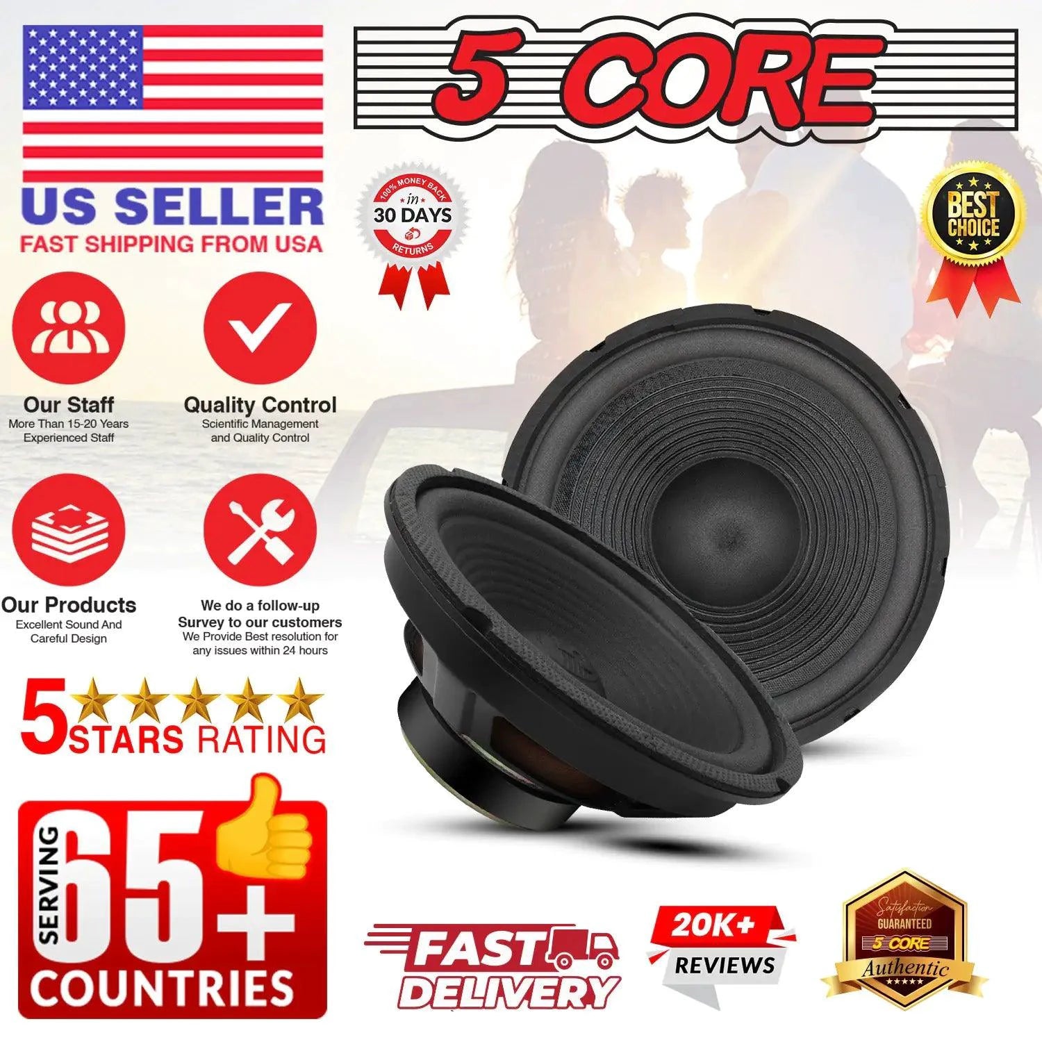 Pair of 8-inch MANDOTOS 5Core car subwoofer speakers, 500W peak, 4 ohm bass woofers for car audio upgrade