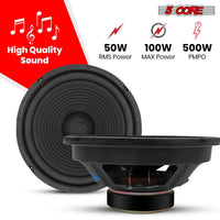 Pair of 8-inch MANDOTOS 5Core car subwoofer speakers, 500W peak power, 4 ohm, designed for deep bass replacement in vehicles.