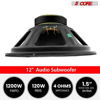 Mandotos 5Core Max Bass 15-inch subwoofer with 450W power and 4 Ohm impedance, showcasing the speaker cone and rugged design.