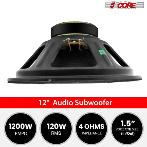 Mandotos 5Core Max Bass 15-inch subwoofer with 450W power and 4 Ohm impedance, showcasing the speaker cone and rugged design.