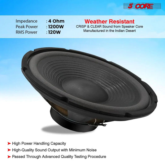 Mandotos 5Core Max Bass 15-inch subwoofer with 450W power and 4 Ohm impedance, showing the speaker cone and frame.