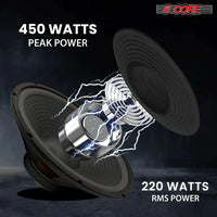 Mandotos 5Core Max Bass 15-inch subwoofer with 450W power and 4-ohm impedance, shown in a close-up image.