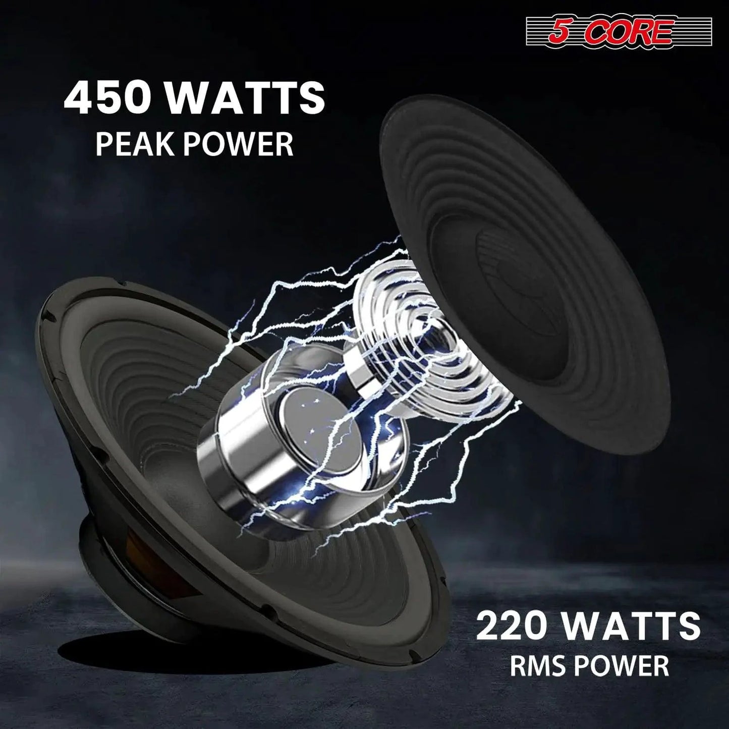 Mandotos 5Core Max Bass 15-inch subwoofer with 450W power and 4-ohm impedance, shown in a close-up image.