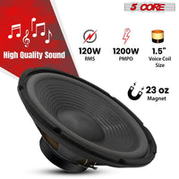 Mandotos 5Core Max Bass 15-inch subwoofer with 450W power and 4 Ohm impedance, showcasing its sturdy construction and speaker cone.