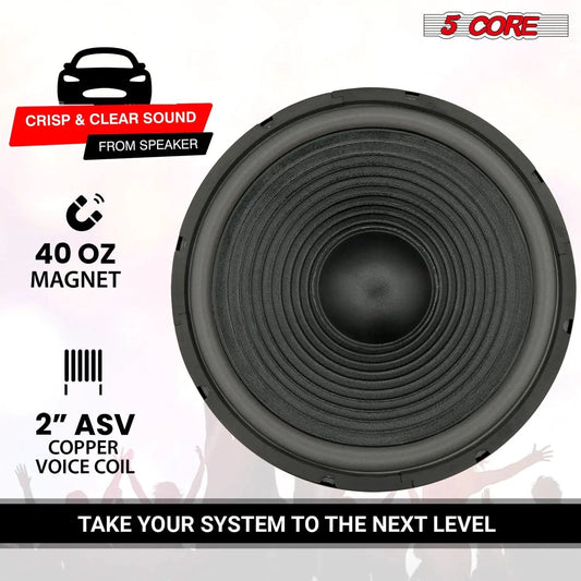 Mandotos 5Core Max Bass 15-inch subwoofer with 450W power and 4 Ohm impedance, showing the speaker cone and frame.