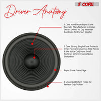 Mandotos 5Core Max Bass 15-inch subwoofer with 450W power and 4 Ohm impedance, showing the speaker cone and mounting frame.