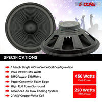 Mandotos 5Core Max Bass 15-inch subwoofer with 450W power and 4-ohm impedance, showcasing the speaker cone and branding.