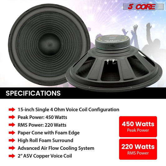Mandotos 5Core Max Bass 15-inch subwoofer with 450W power and 4-ohm impedance, showcasing the speaker cone and branding.