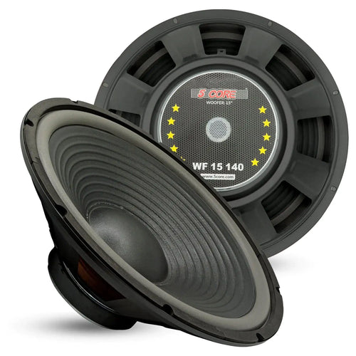 Mandotos 5Core Max Bass 15-inch subwoofer with 450W power handling and 4-ohm impedance showing the speaker cone and frame.