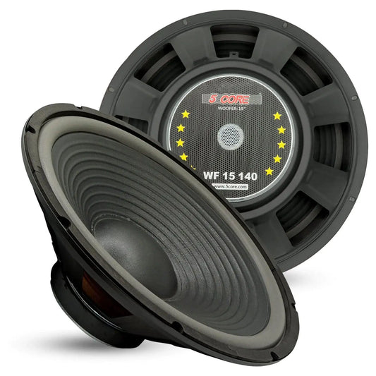 Mandotos 5Core Max Bass 15-inch subwoofer with 450W power handling and 4-ohm impedance showing the speaker cone and frame.
