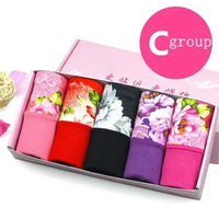 Set of five colorful cotton print panties for women, including plus size briefs and sexy underpants with cute designs.