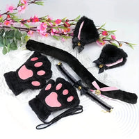 Set of MANDOTOS cat paw winter gloves, cartoon girl open-finger style, with matching fox and cat ear headbands featuring bell accents.