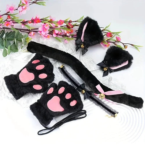 Set of MANDOTOS cat paw winter gloves, cartoon girl open-finger style, with matching fox and cat ear headbands featuring bell accents.