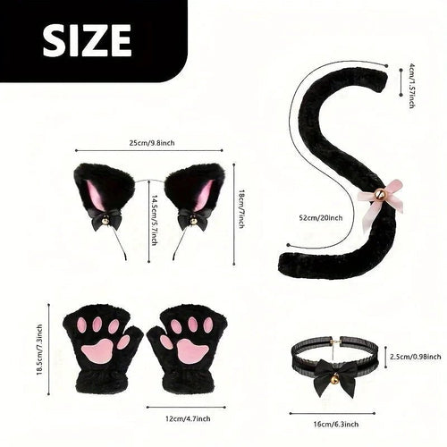 Mandotos 5-piece set includes winter cat paw gloves, open finger gloves, bell headband, and fox cat ear headwear with cute cartoon design
