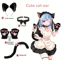 Set of five MANDOTOS cat paw winter gloves, cute cartoon girl open-finger gloves, fox cat ear headband, and bell headband accessories.