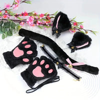 Mandotos 5-piece set includes cute cartoon cat paw gloves, fox ear headband, open finger gloves, and bell headband for winter wear.