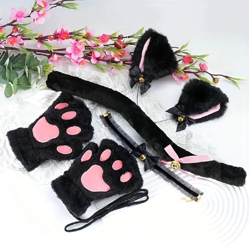 Mandotos 5-piece set includes cute cartoon cat paw gloves, fox ear headband, open finger gloves, and bell headband for winter wear.