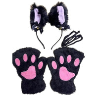 Mandotos 5-piece cat paw gloves, cartoon girl open finger gloves, bell headband, and fox cat ear headwear for winter fun.