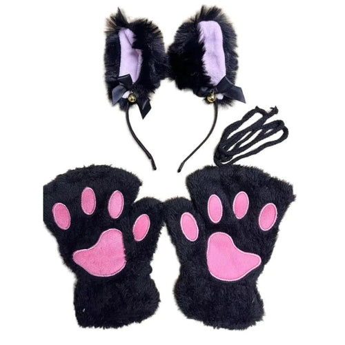 Mandotos 5-piece cat paw gloves, cartoon girl open finger gloves, bell headband, and fox cat ear headwear for winter fun.
