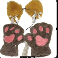 Mandotos 5-piece set including cute cartoon girl open finger gloves, fox and cat ear headwear, and bell headband for winter.