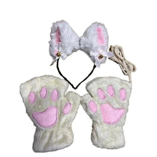 Mandotos 5-piece set includes cute cartoon girl open finger gloves, fox and cat ear headbands, and bell headband for winter wear.
