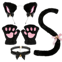 Mandotos 5-piece set including cute winter cat paw gloves, open-finger gloves, fox ear headband, and cartoon girl-themed accessories.