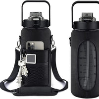 Large 64oz MANDOTOS motivational hydration bottle with measurement markings and flip-top lid for easy drinking.