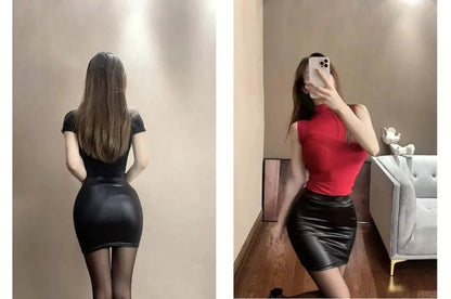 Mandotos Black Imitation Leather Pencil Mini Skirt High Waist Korean Fashion Women Wholesale Summer - MANDOTOS