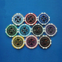 Mandotos ABS plastic high-end two-color poker and baccarat game chips with detailed design and smooth finish.
