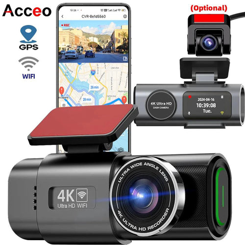 Mandotos Acceo 4K Ultra HD dash cam with dual lenses, WiFi, GPS, night vision, and parking mode for vehicle security.