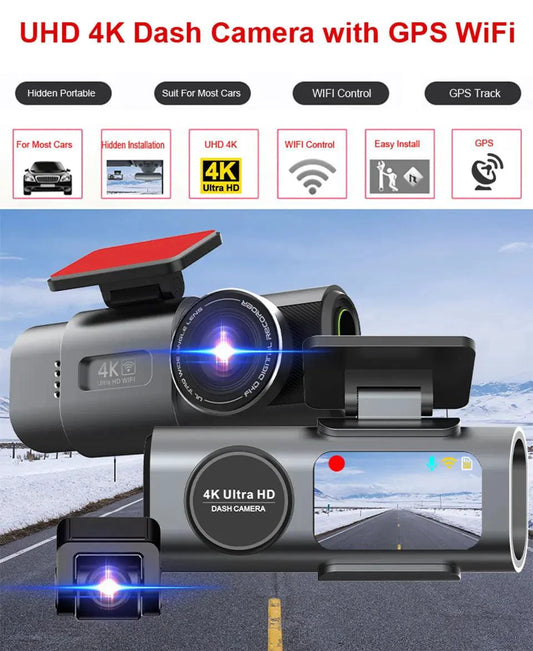 Mandotos Acceo 4K Ultra HD dash cam with dual lenses, WiFi, GPS, night vision, and parking mode for vehicle safety.