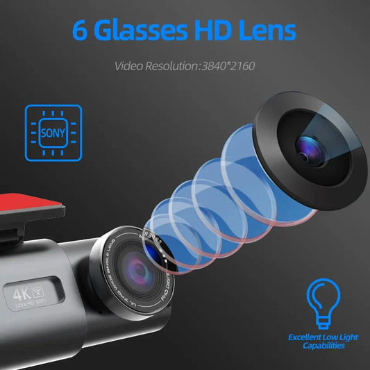 Mandotos Acceo 4K Ultra HD dash cam with dual lenses, WiFi, GPS, night vision, and parking mode for vehicle security.