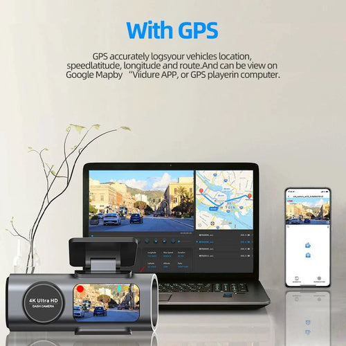 Mandotos Acceo 4K Ultra HD dash cam with dual lenses, WiFi, GPS, night vision, and parking mode capturing road view.