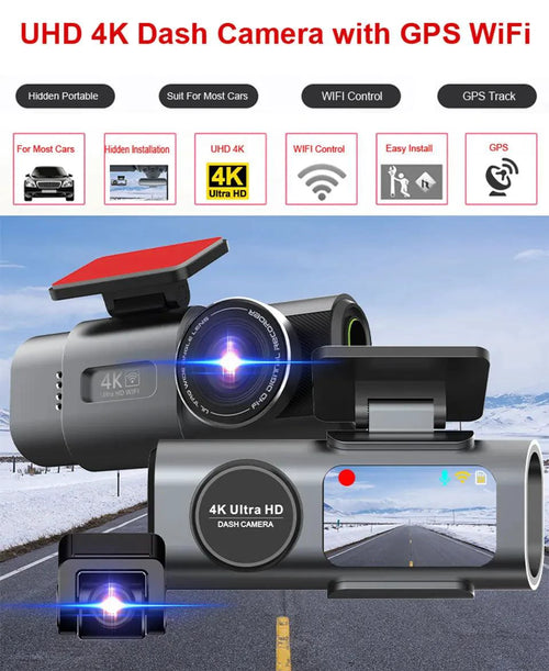 Mandotos Acceo 4K Ultra HD dash cam with dual lenses, WiFi, GPS, night vision, and parking mode for vehicle recording.