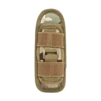 Mandotos Adventure Belt Flashlight Carrier worn around waist, holding a compact flashlight for outdoor activities and camping.