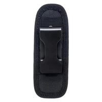 Mandotos Adventure Belt Flashlight Carrier worn around waist, holding a compact flashlight for outdoor activities and hands-free use.