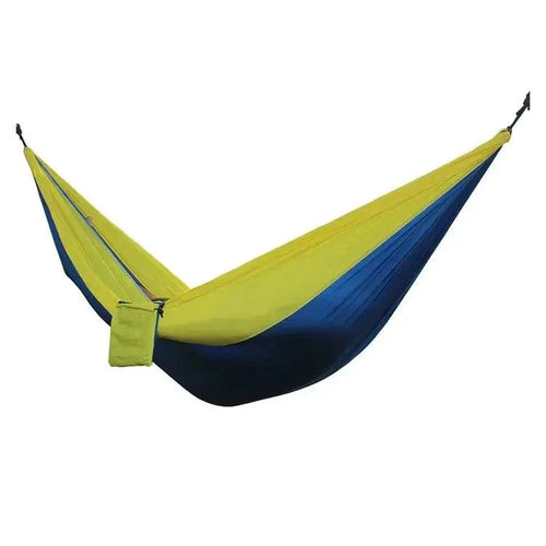 Mandotos Adventure Hammock Pack showing a compact blue hammock with straps and carabiners for outdoor camping and relaxation.