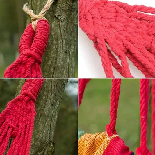 Mandotos Adventure Ready Hammock hanging between trees, lightweight and durable outdoor camping gear for relaxation.