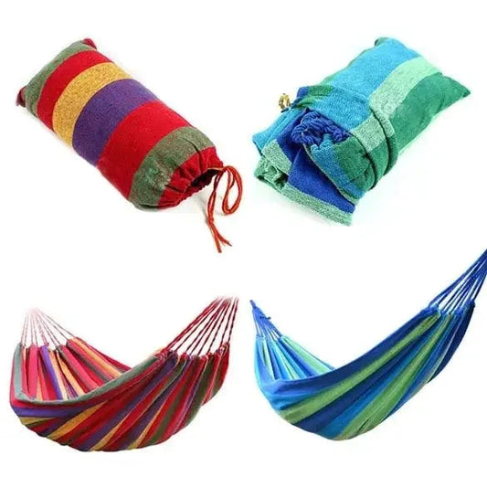 Mandotos Adventure Ready Hammock hanging between trees, lightweight and durable for outdoor camping and relaxation.