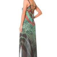 Mandotos Africa long dress featuring vibrant African print fabric and flowing silhouette, perfect for cultural or stylish occasions.