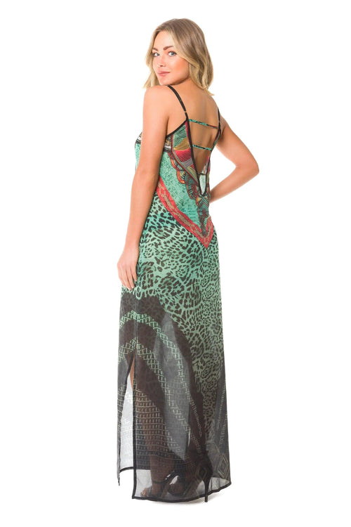 Mandotos Africa long dress featuring vibrant African print fabric and flowing silhouette, perfect for cultural or stylish occasions.
